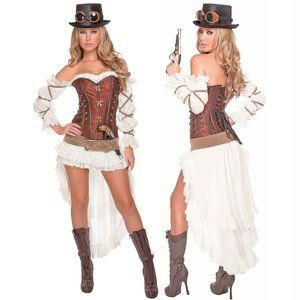 Steampunk Costume Womens Size S 7Pc Brown Halloween Cosplay Roleplay Outfit